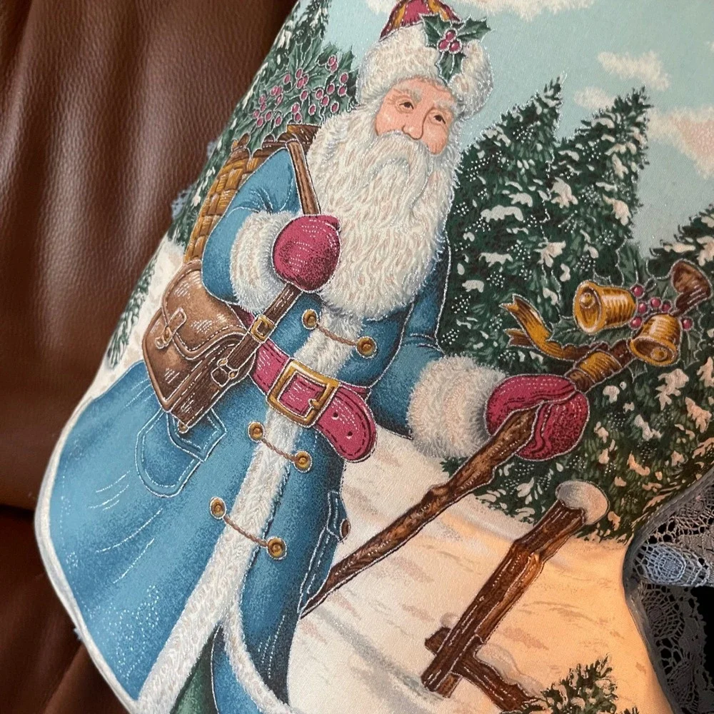 Vintage Victorian Blue Santa Stocking Decorative Pillow Lace Trim Double Sided